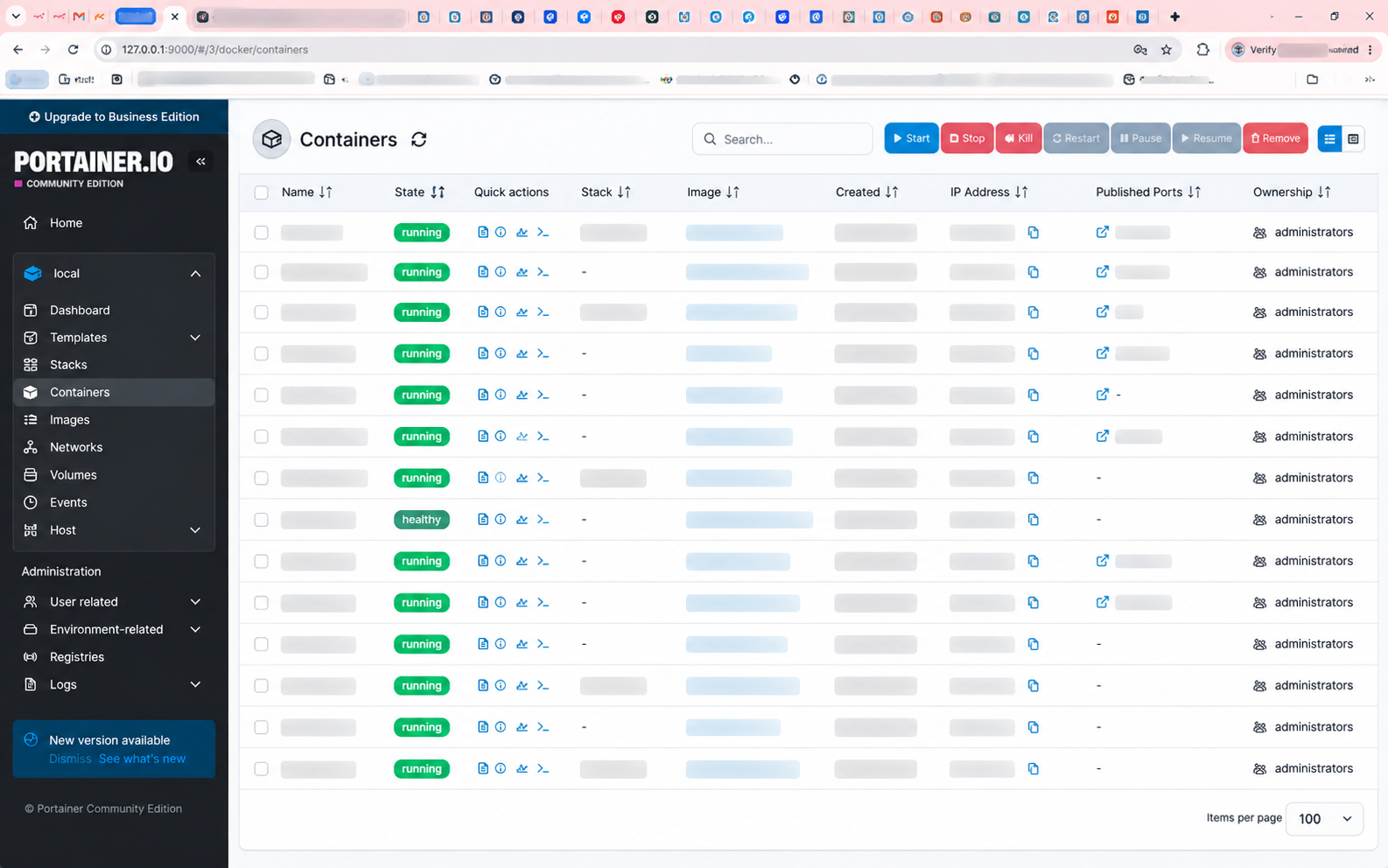 Real application container management workspace with private information redacted