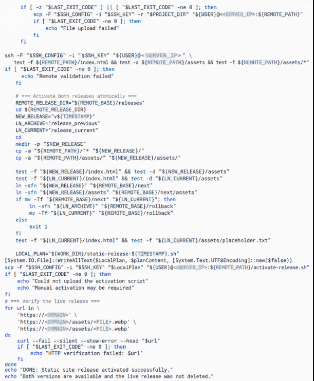 Illustrative sample code showing preparation of a release, activation and a rollback path