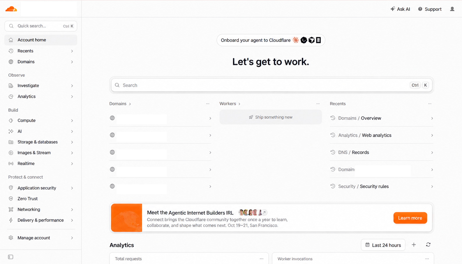 General Cloudflare domain management dashboard with account identity and domain names redacted