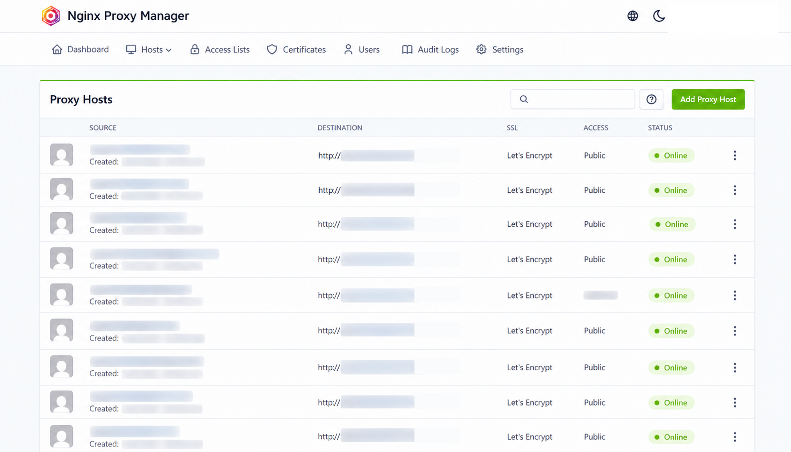 Screenshot of website routing and SSL certificate management with private routing details redacted