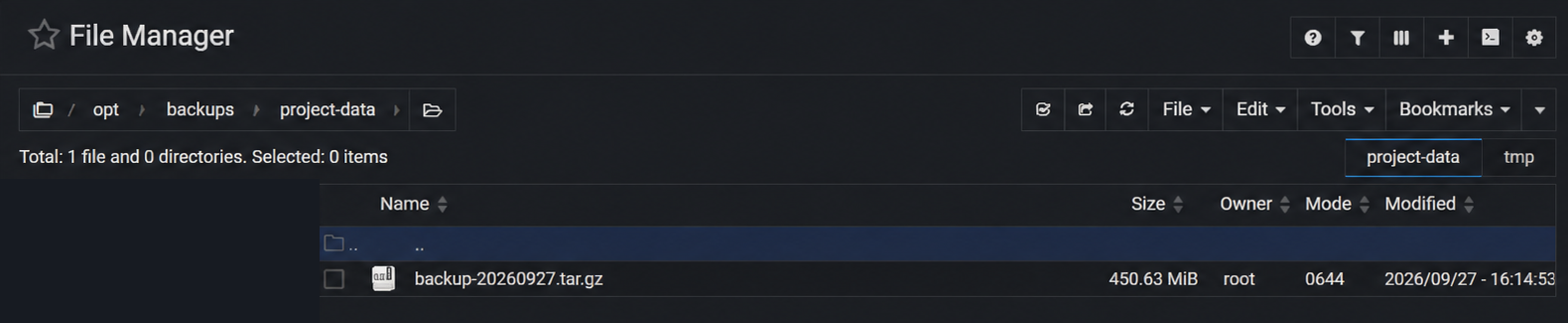 Server file manager screenshot showing one backup archive with its size and modification date at capture time
