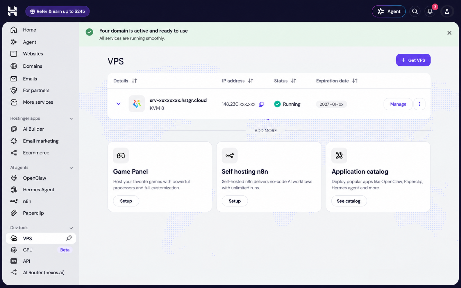 Real VPS management workspace with private information redacted
