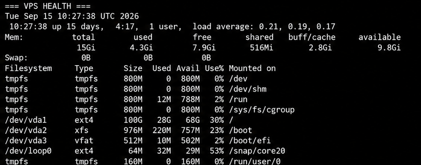 Terminal output showing VPS check time, load, memory and disk usage